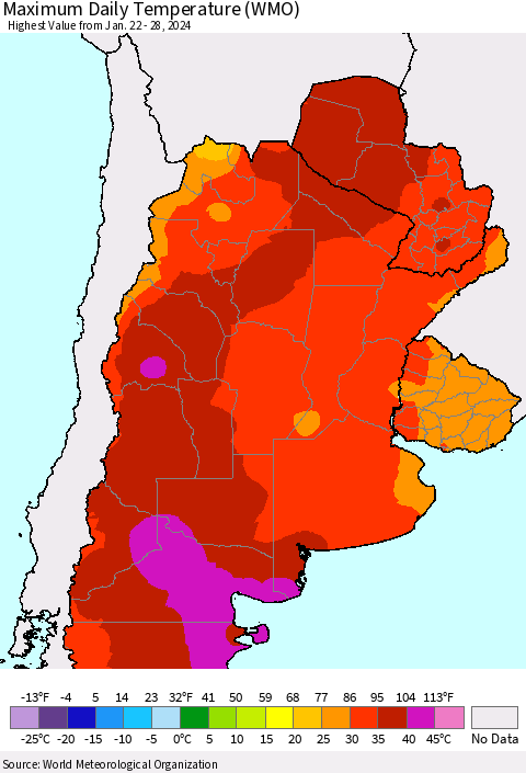 Southern South America Maximum Daily Temperature (WMO) Thematic Map For 1/22/2024 - 1/28/2024