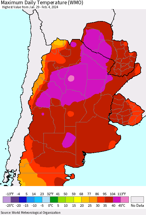 Southern South America Maximum Daily Temperature (WMO) Thematic Map For 1/29/2024 - 2/4/2024