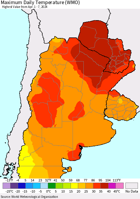 Southern South America Maximum Daily Temperature (WMO) Thematic Map For 4/1/2024 - 4/7/2024