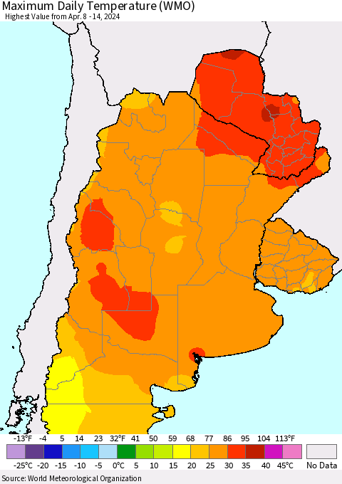 Southern South America Maximum Daily Temperature (WMO) Thematic Map For 4/8/2024 - 4/14/2024