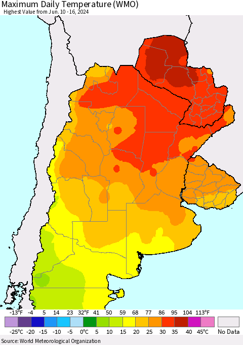 Southern South America Maximum Daily Temperature (WMO) Thematic Map For 6/10/2024 - 6/16/2024