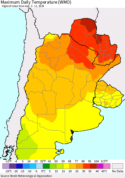 Southern South America Maximum Daily Temperature (WMO) Thematic Map For 8/5/2024 - 8/11/2024
