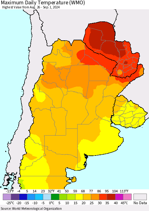 Southern South America Maximum Daily Temperature (WMO) Thematic Map For 8/26/2024 - 9/1/2024