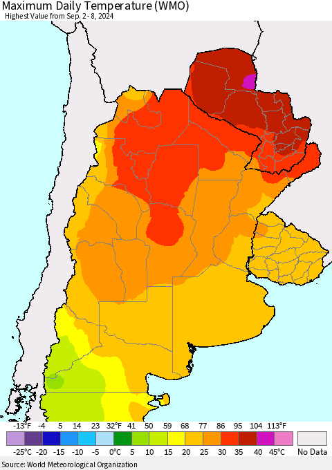 Southern South America Maximum Daily Temperature (WMO) Thematic Map For 9/2/2024 - 9/8/2024