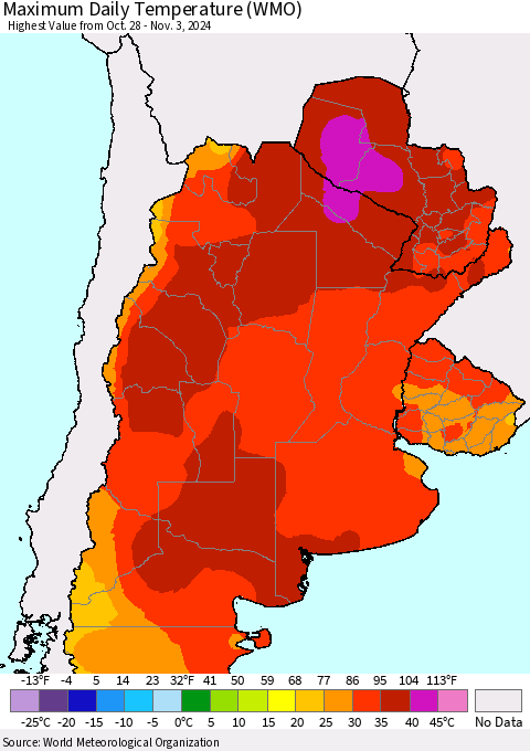 Southern South America Maximum Daily Temperature (WMO) Thematic Map For 10/28/2024 - 11/3/2024