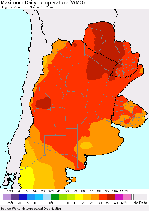 Southern South America Maximum Daily Temperature (WMO) Thematic Map For 11/4/2024 - 11/10/2024