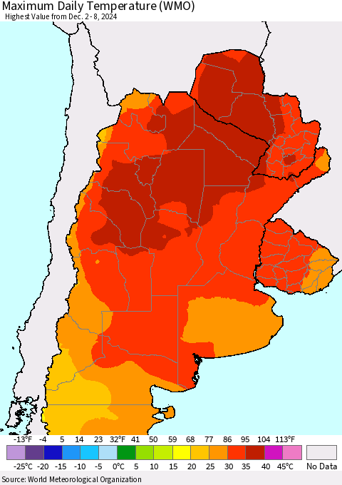 Southern South America Maximum Daily Temperature (WMO) Thematic Map For 12/2/2024 - 12/8/2024
