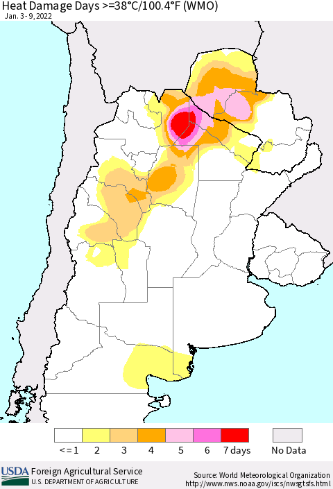 Southern South America Heat Damage Days >=38°C/100°F (WMO) Thematic Map For 1/3/2022 - 1/9/2022