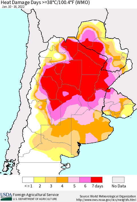 Southern South America Heat Damage Days >=38°C/100°F (WMO) Thematic Map For 1/10/2022 - 1/16/2022