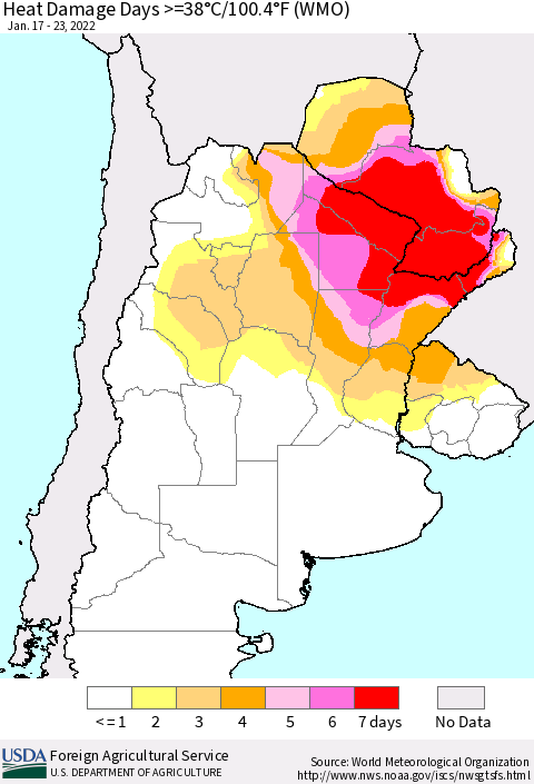 Southern South America Heat Damage Days >=38°C/100°F (WMO) Thematic Map For 1/17/2022 - 1/23/2022
