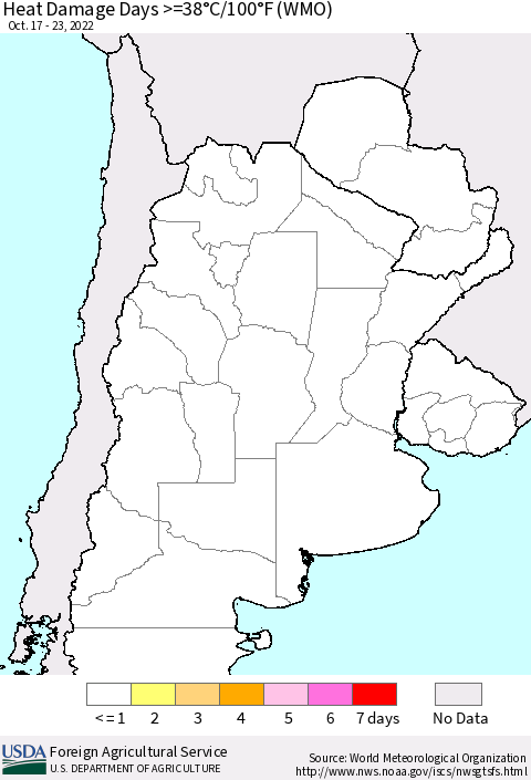 Southern South America Heat Damage Days >=38°C/100°F (WMO) Thematic Map For 10/17/2022 - 10/23/2022