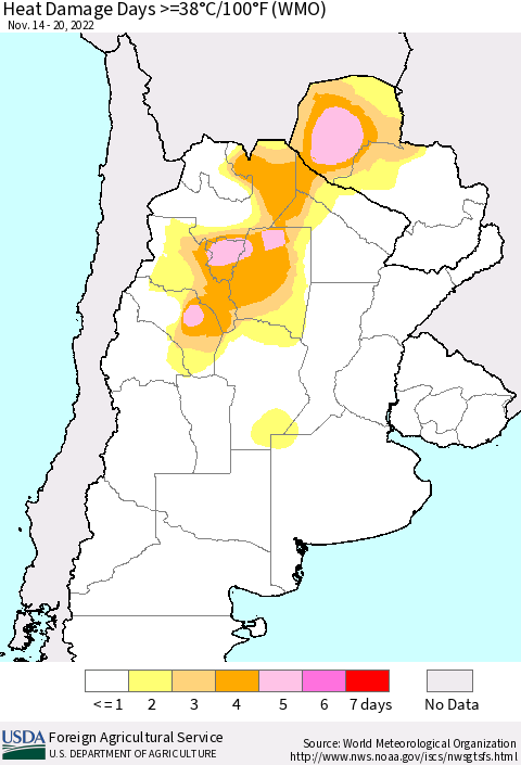 Southern South America Heat Damage Days >=38°C/100°F (WMO) Thematic Map For 11/14/2022 - 11/20/2022
