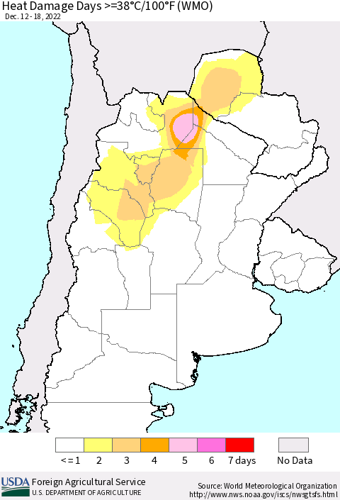 Southern South America Heat Damage Days >=38°C/100°F (WMO) Thematic Map For 12/12/2022 - 12/18/2022