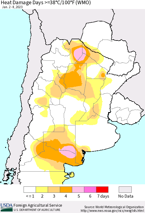 Southern South America Heat Damage Days >=38°C/100°F (WMO) Thematic Map For 1/2/2023 - 1/8/2023