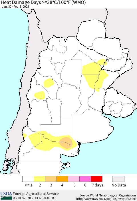 Southern South America Heat Damage Days >=38°C/100°F (WMO) Thematic Map For 1/30/2023 - 2/5/2023