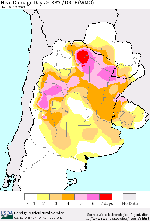 Southern South America Heat Damage Days >=38°C/100°F (WMO) Thematic Map For 2/6/2023 - 2/12/2023
