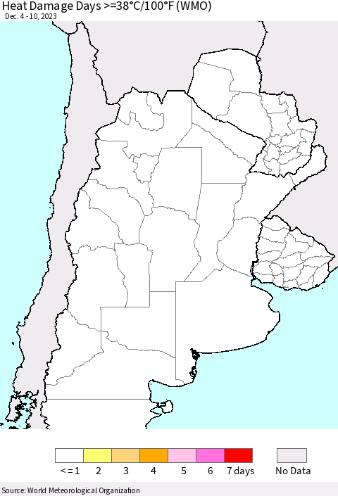 Southern South America Heat Damage Days >=38°C/100°F (WMO) Thematic Map For 12/4/2023 - 12/10/2023