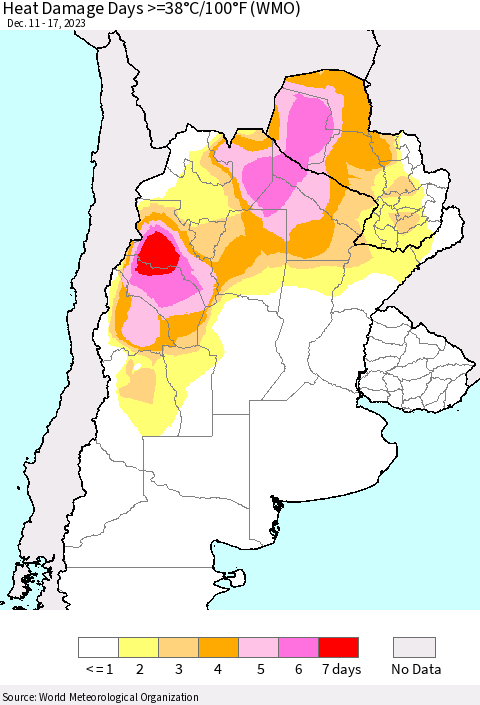 Southern South America Heat Damage Days >=38°C/100°F (WMO) Thematic Map For 12/11/2023 - 12/17/2023