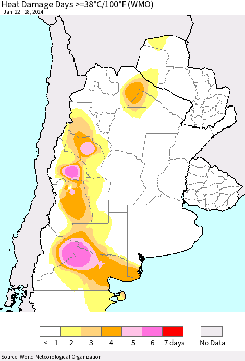 Southern South America Heat Damage Days >=38°C/100°F (WMO) Thematic Map For 1/22/2024 - 1/28/2024