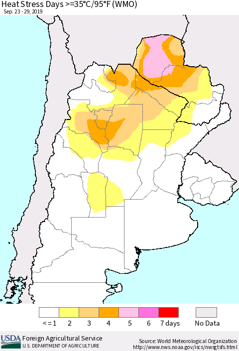 Southern South America Heat Stress Days >=35°C/95°F (WMO) Thematic Map For 9/23/2019 - 9/29/2019