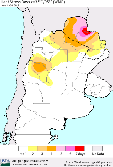 Southern South America Heat Stress Days >=35°C/95°F (WMO) Thematic Map For 11/4/2019 - 11/10/2019