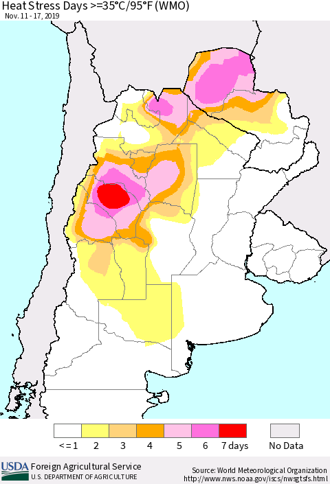 Southern South America Heat Stress Days >=35°C/95°F (WMO) Thematic Map For 11/11/2019 - 11/17/2019