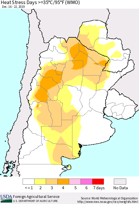 Southern South America Heat Stress Days >=35°C/95°F (WMO) Thematic Map For 12/16/2019 - 12/22/2019