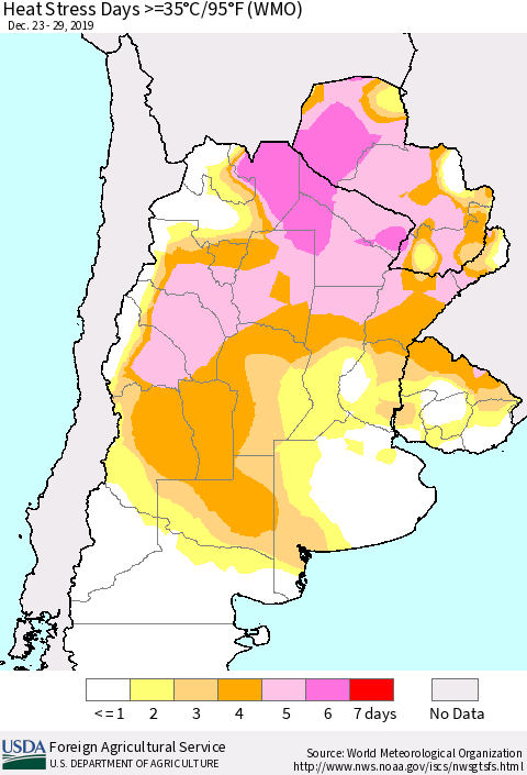 Southern South America Heat Stress Days >=35°C/95°F (WMO) Thematic Map For 12/23/2019 - 12/29/2019