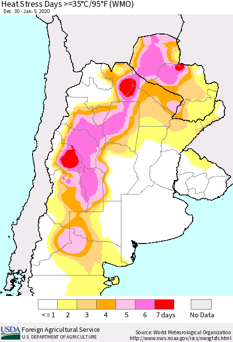 Southern South America Heat Stress Days >=35°C/95°F (WMO) Thematic Map For 12/30/2019 - 1/5/2020