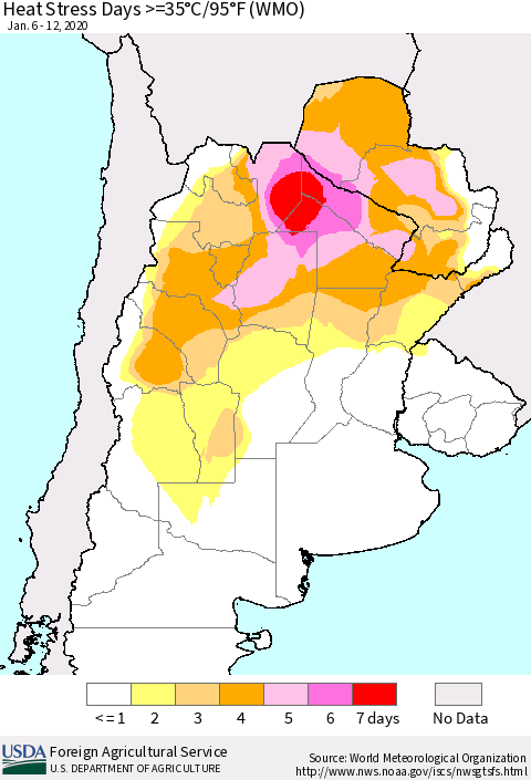 Southern South America Heat Stress Days >=35°C/95°F (WMO) Thematic Map For 1/6/2020 - 1/12/2020