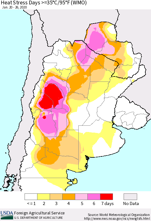 Southern South America Heat Stress Days >=35°C/95°F (WMO) Thematic Map For 1/20/2020 - 1/26/2020