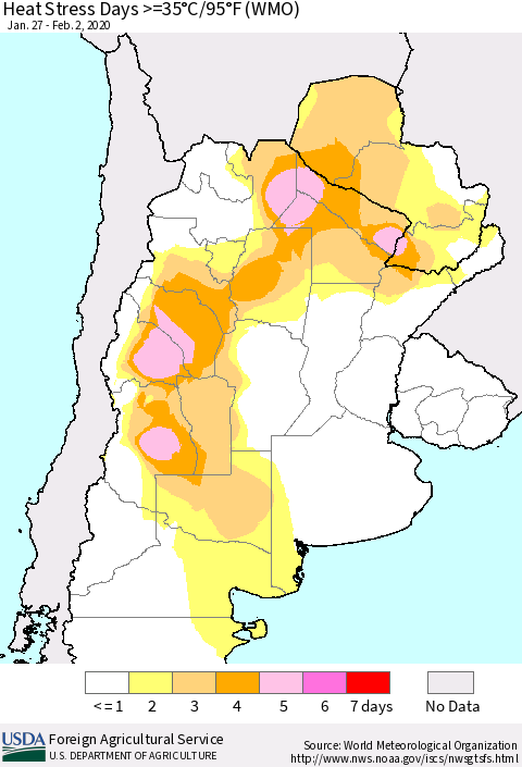 Southern South America Heat Stress Days >=35°C/95°F (WMO) Thematic Map For 1/27/2020 - 2/2/2020
