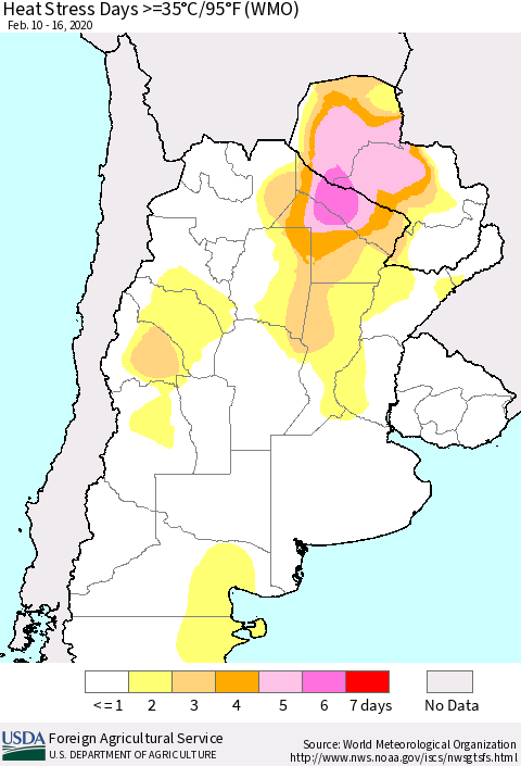 Southern South America Heat Stress Days >=35°C/95°F (WMO) Thematic Map For 2/10/2020 - 2/16/2020