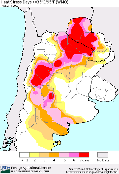 Southern South America Heat Stress Days >=35°C/95°F (WMO) Thematic Map For 3/2/2020 - 3/8/2020
