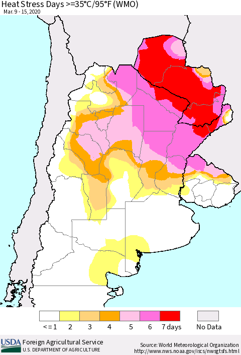 Southern South America Heat Stress Days >=35°C/95°F (WMO) Thematic Map For 3/9/2020 - 3/15/2020