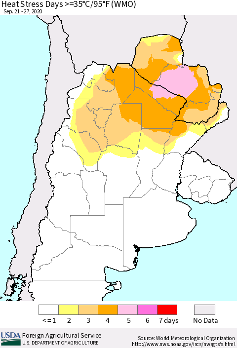Southern South America Heat Stress Days >=35°C/95°F (WMO) Thematic Map For 9/21/2020 - 9/27/2020