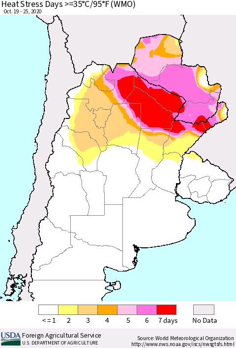 Southern South America Heat Stress Days >=35°C/95°F (WMO) Thematic Map For 10/19/2020 - 10/25/2020
