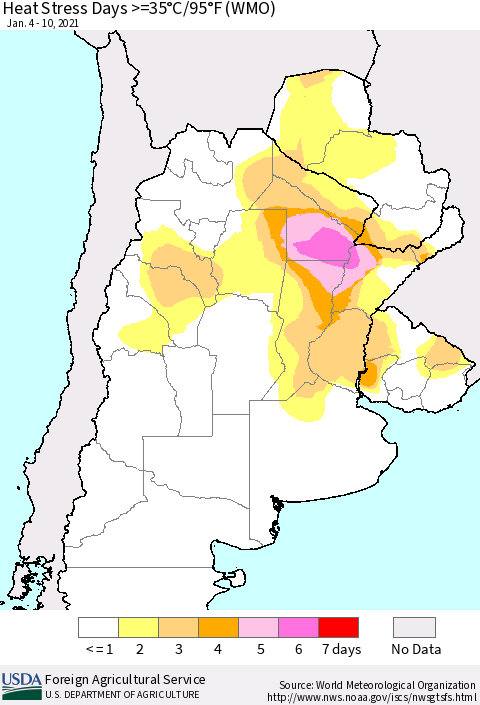 Southern South America Heat Stress Days >=35°C/95°F (WMO) Thematic Map For 1/4/2021 - 1/10/2021