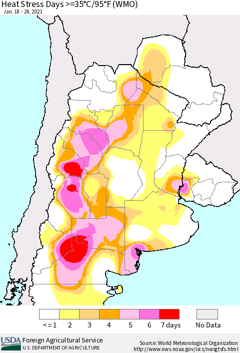Southern South America Heat Stress Days >=35°C/95°F (WMO) Thematic Map For 1/18/2021 - 1/24/2021