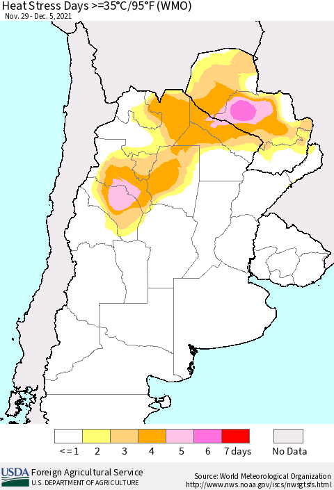 Southern South America Heat Stress Days >=35°C/95°F (WMO) Thematic Map For 11/29/2021 - 12/5/2021