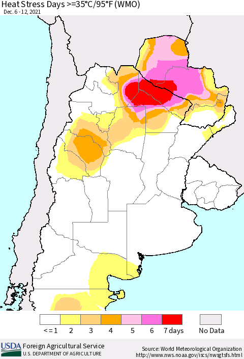 Southern South America Heat Stress Days >=35°C/95°F (WMO) Thematic Map For 12/6/2021 - 12/12/2021