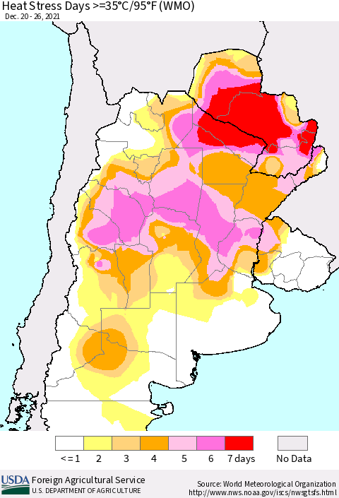 Southern South America Heat Stress Days >=35°C/95°F (WMO) Thematic Map For 12/20/2021 - 12/26/2021