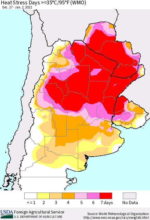 Southern South America Heat Stress Days >=35°C/95°F (WMO) Thematic Map For 12/27/2021 - 1/2/2022