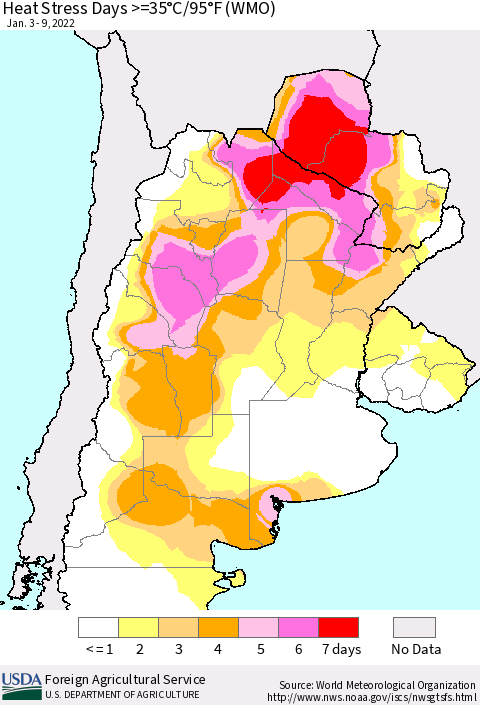 Southern South America Heat Stress Days >=35°C/95°F (WMO) Thematic Map For 1/3/2022 - 1/9/2022