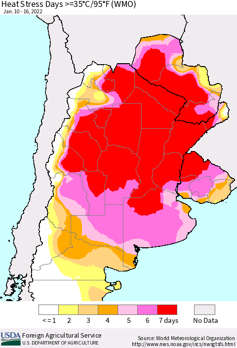 Southern South America Heat Stress Days >=35°C/95°F (WMO) Thematic Map For 1/10/2022 - 1/16/2022