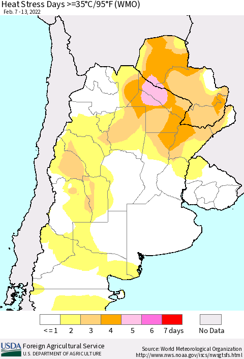 Southern South America Heat Stress Days >=35°C/95°F (WMO) Thematic Map For 2/7/2022 - 2/13/2022