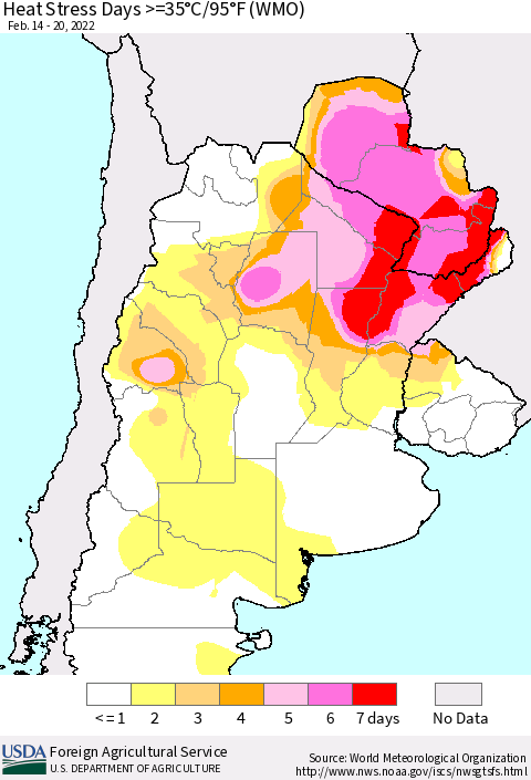 Southern South America Heat Stress Days >=35°C/95°F (WMO) Thematic Map For 2/14/2022 - 2/20/2022