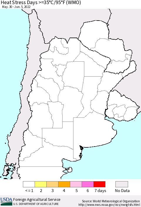 Southern South America Heat Stress Days >=35°C/95°F (WMO) Thematic Map For 5/30/2022 - 6/5/2022