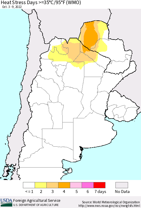 Southern South America Heat Stress Days >=35°C/95°F (WMO) Thematic Map For 10/3/2022 - 10/9/2022