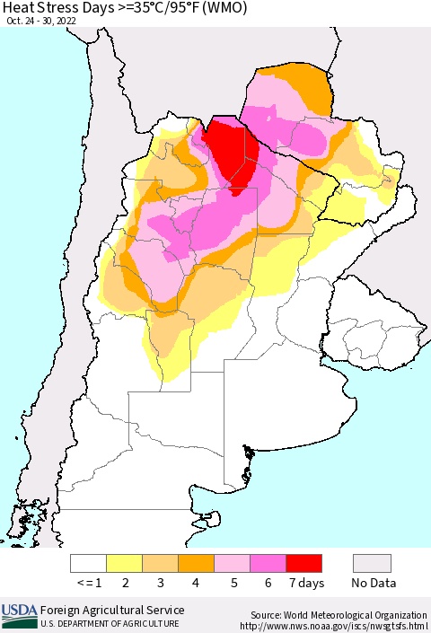 Southern South America Heat Stress Days >=35°C/95°F (WMO) Thematic Map For 10/24/2022 - 10/30/2022